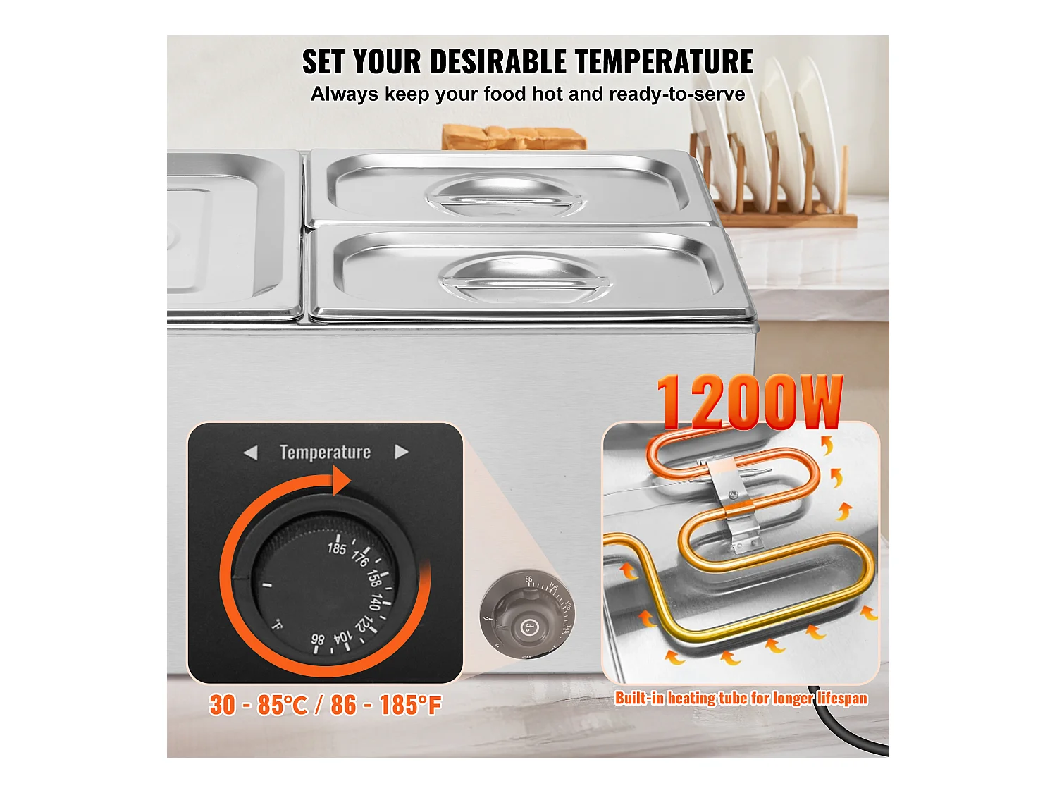 Buffetwarmer SucceBuy 1200 W Commerciële Voedselverwarmer met 3 Schalen, 540 x 360 x 250 mm, Roestvrij Staal, Instelbare Temperatuur, 8 kg