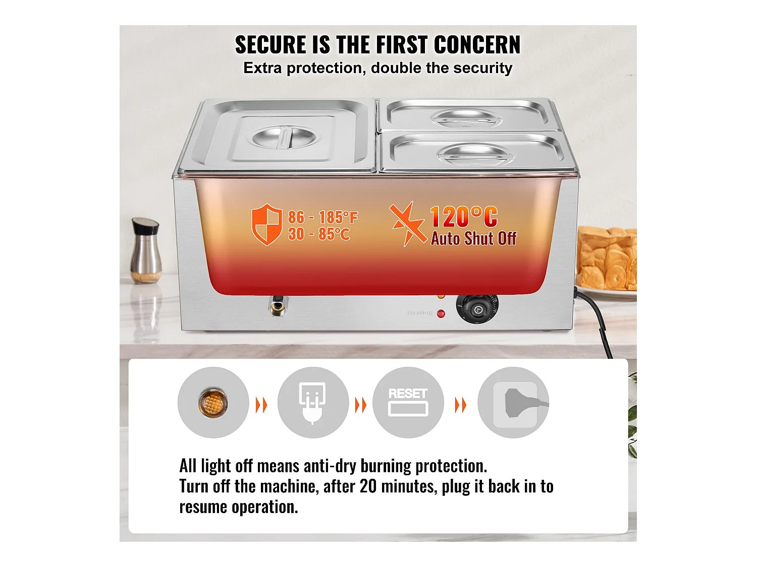 Buffetwarmer SucceBuy 1200 W Commerciële Voedselverwarmer met 3 Schalen, 540 x 360 x 250 mm, Roestvrij Staal, Instelbare Temperatuur, 8 kg