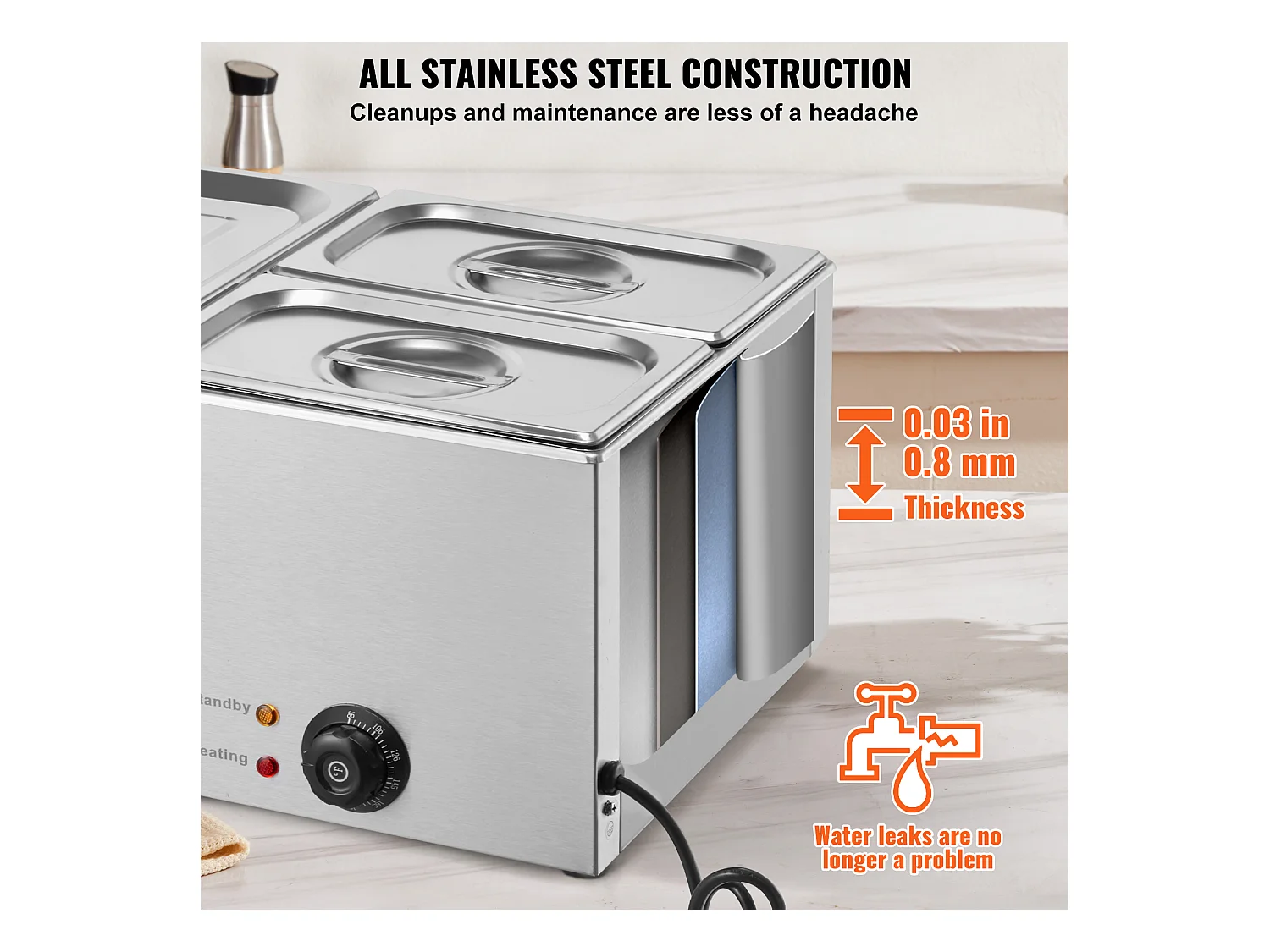 Buffetwarmer SucceBuy 1200 W Commerciële Voedselverwarmer met 3 Schalen, 540 x 360 x 250 mm, Roestvrij Staal, Instelbare Temperatuur, 8 kg