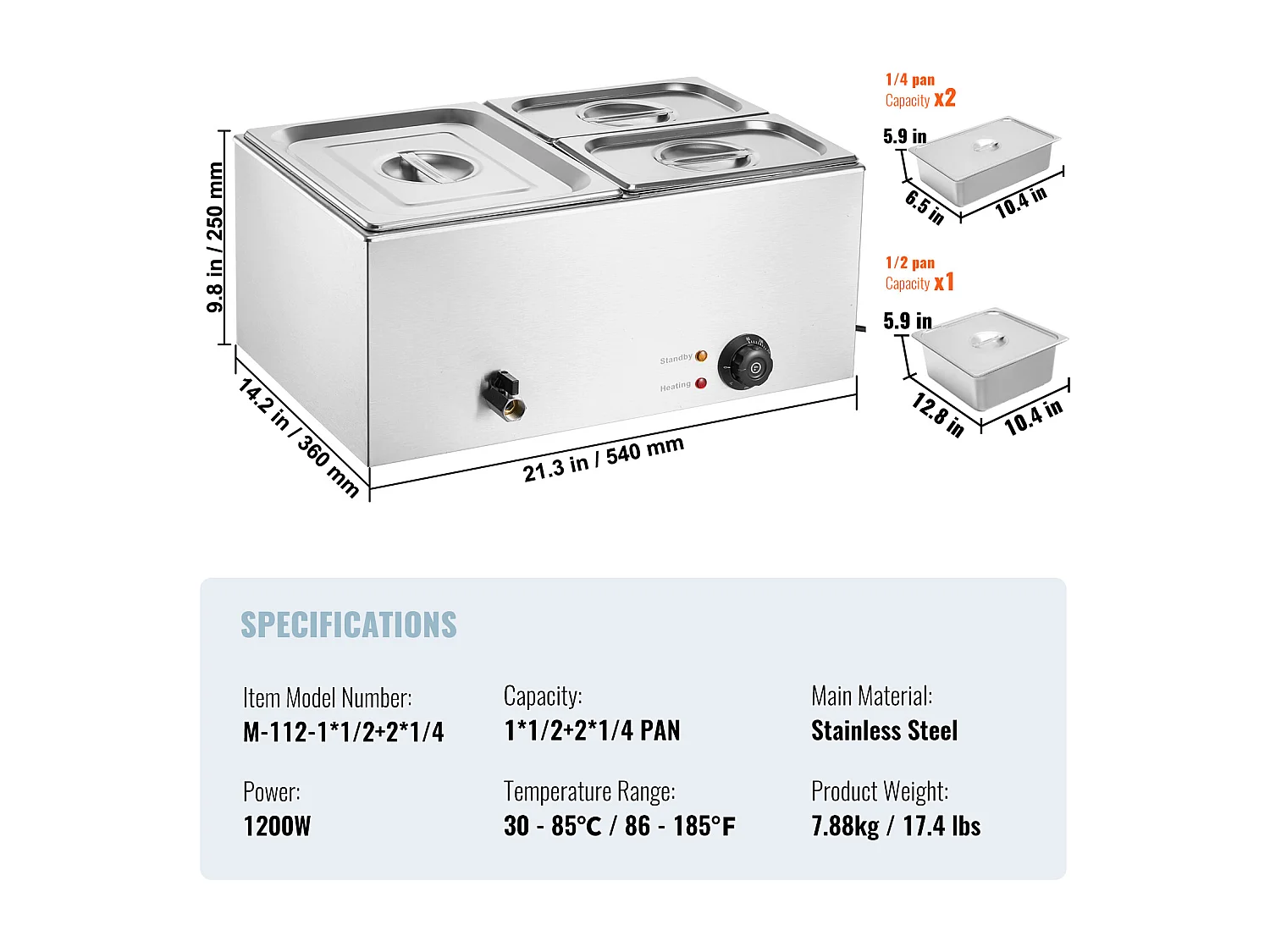 Scaldavivande a Buffet SucceBuy Scaldavivande Professionale a 3 Vassoi, 1200 W, 540 x 360 x 250 mm, Acciaio Inox, Temperatura Regolabile, 8 kg