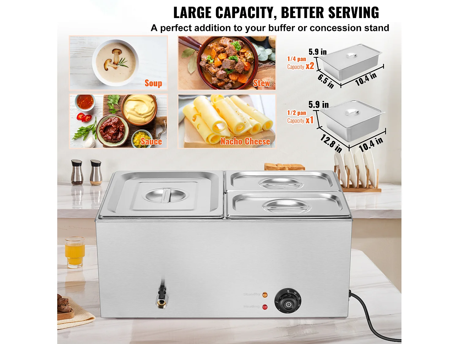 Scaldavivande a Buffet SucceBuy Scaldavivande Professionale a 3 Vassoi, 1200 W, 540 x 360 x 250 mm, Acciaio Inox, Temperatura Regolabile, 8 kg