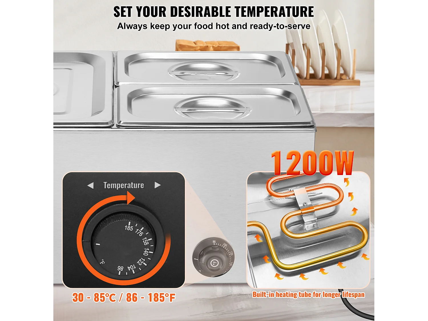 Scaldavivande a Buffet SucceBuy Scaldavivande Professionale a 3 Vassoi, 1200 W, 540 x 360 x 250 mm, Acciaio Inox, Temperatura Regolabile, 8 kg