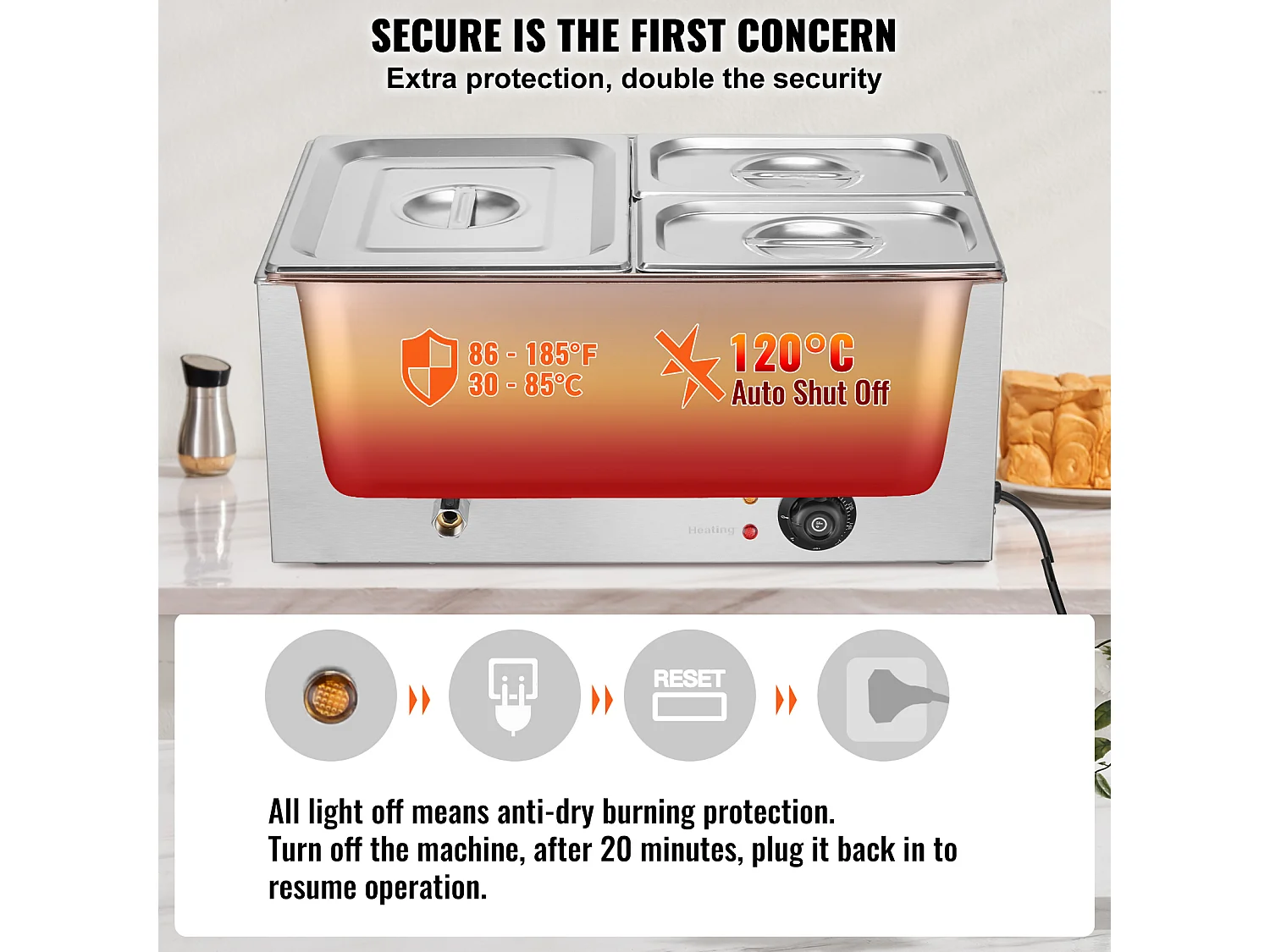 Scaldavivande a Buffet SucceBuy Scaldavivande Professionale a 3 Vassoi, 1200 W, 540 x 360 x 250 mm, Acciaio Inox, Temperatura Regolabile, 8 kg