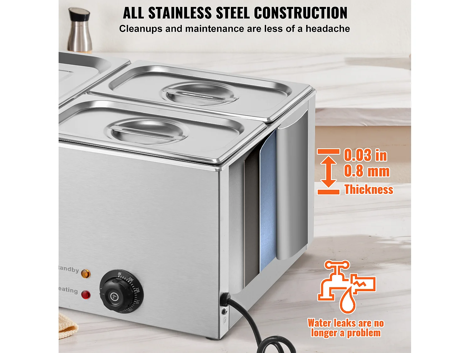 Scaldavivande a Buffet SucceBuy Scaldavivande Professionale a 3 Vassoi, 1200 W, 540 x 360 x 250 mm, Acciaio Inox, Temperatura Regolabile, 8 kg