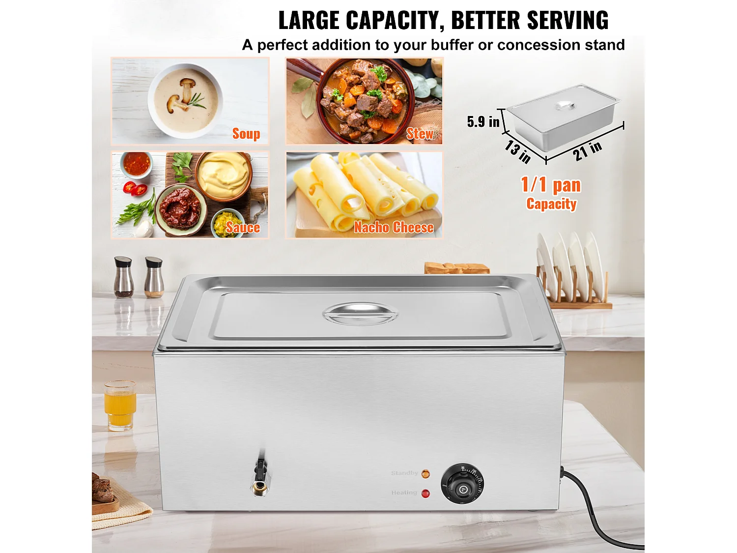 Chauffe-Plat Buffet SucceBuy Chauffe-Plats Électrique pour Buffet de Comptoir, Bac Bain-Marie de 18 L Inclus