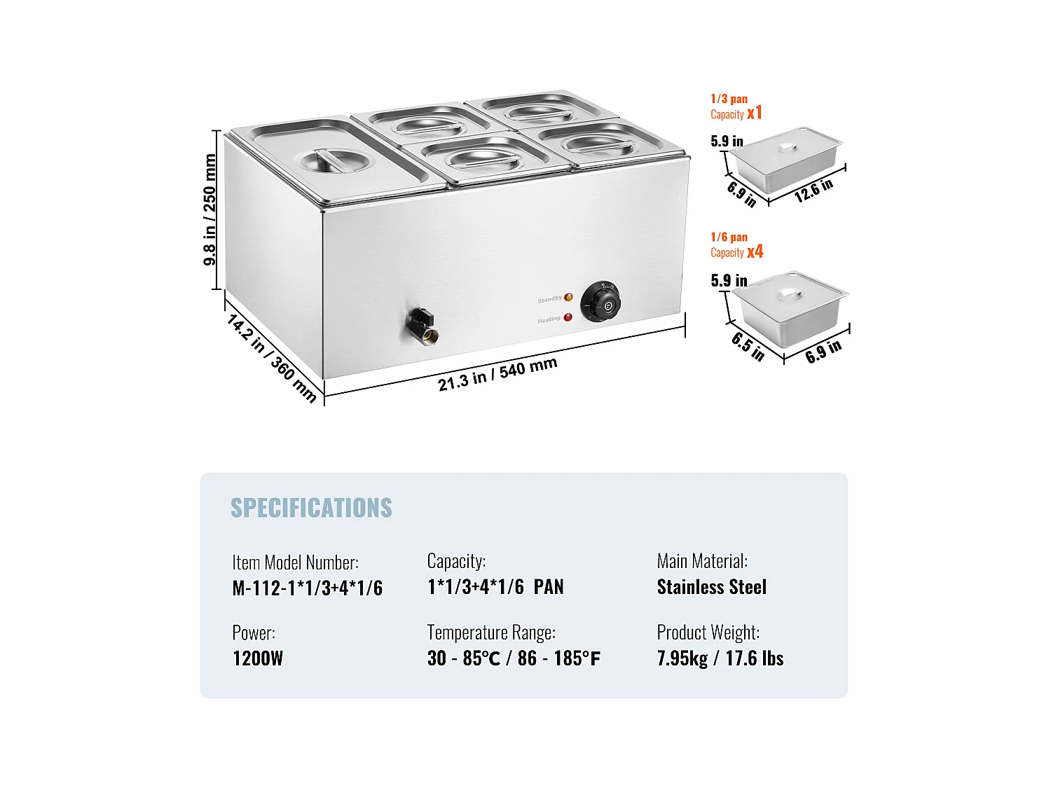 Buffetwarmer SucceBuy Commerciële Elektrische Buffet Voedselverwarmer met 5 Platen, 14,5 L Bain-Marie