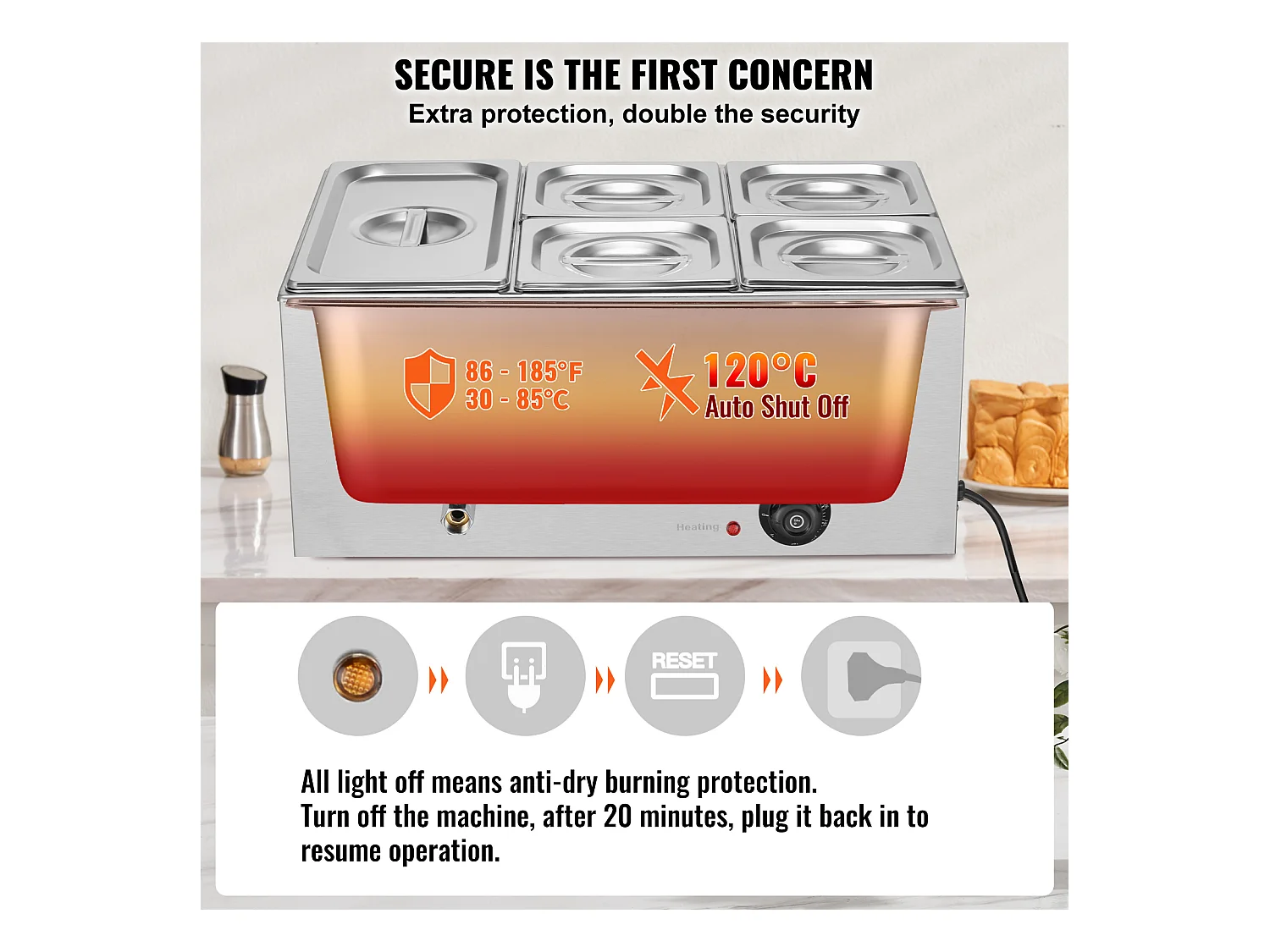 Buffetwarmer SucceBuy Commerciële Elektrische Buffet Voedselverwarmer met 5 Platen, 14,5 L Bain-Marie