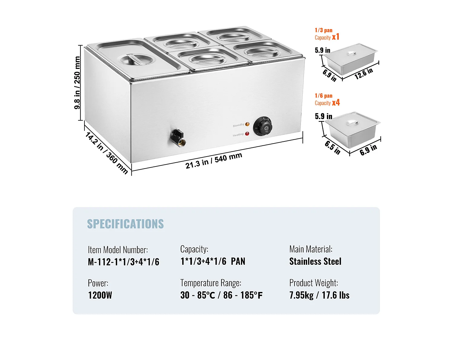 Buffetwarmer SucceBuy Commerciële Elektrische Buffet Voedselverwarmer met 5 Platen, 14,5 L Bain-Marie