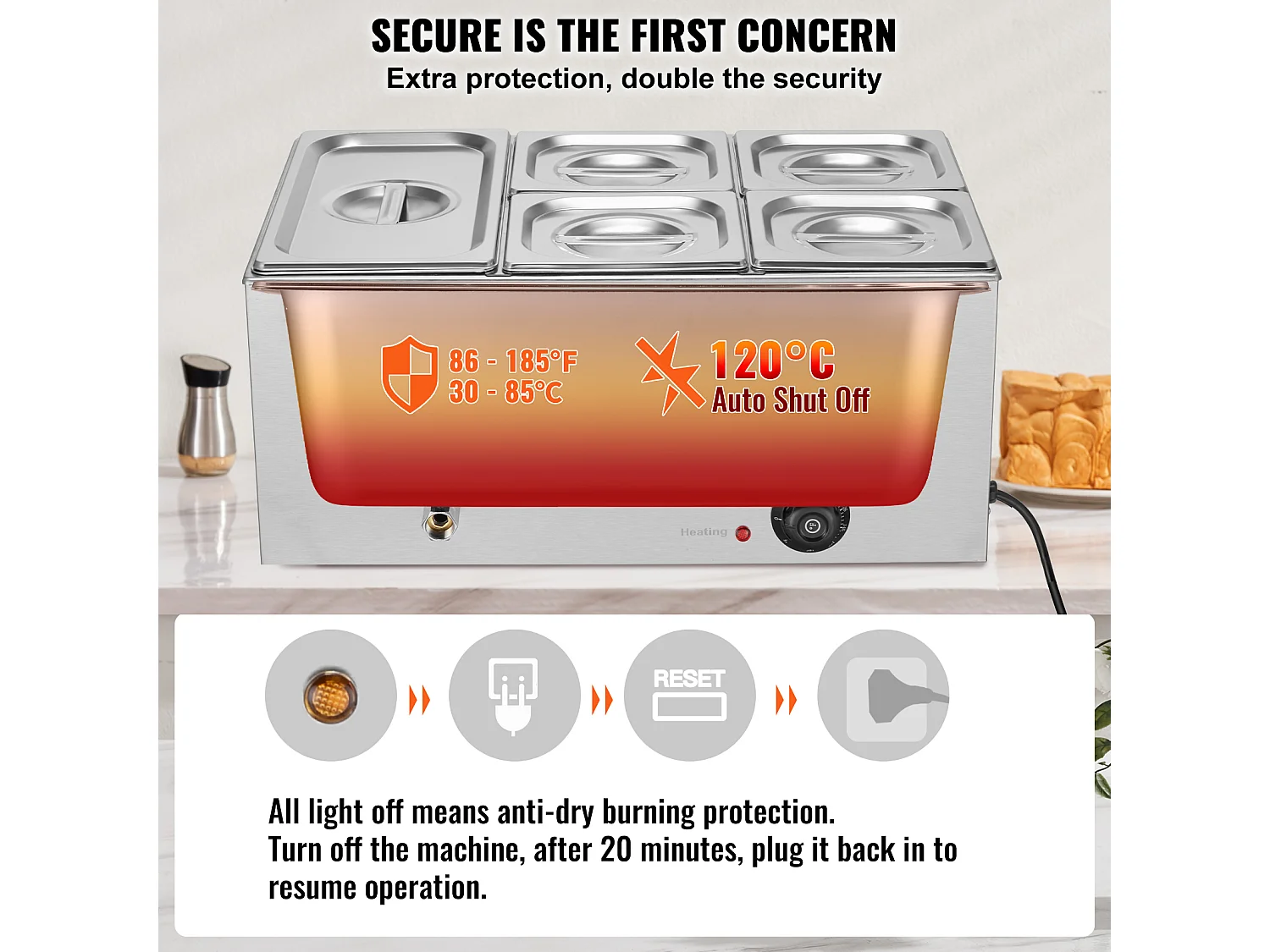 Buffetwarmer SucceBuy Commerciële Elektrische Buffet Voedselverwarmer met 5 Platen, 14,5 L Bain-Marie