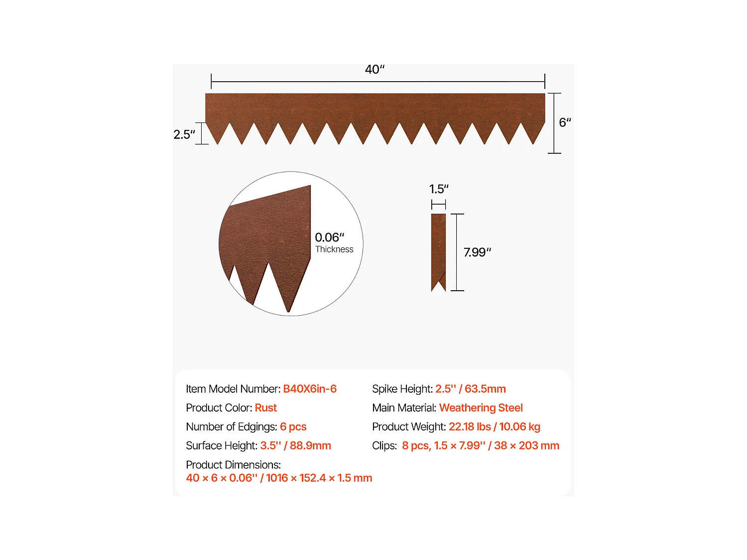 Bordures de Jardin en Acier SucceBuy Résistantes aux Intempéries, 1016x152,4 mm, Lot de 6