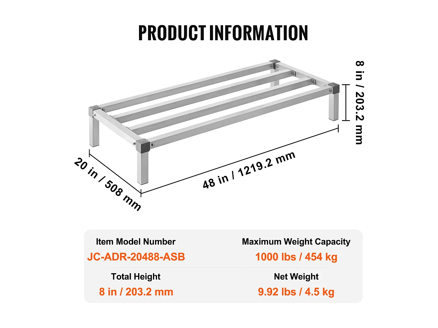Étagère de Rangement, SucceBuy Rack de Calage en Aluminium 121.9 × 50.8 × 20.32 cm Capacité de 454 kg