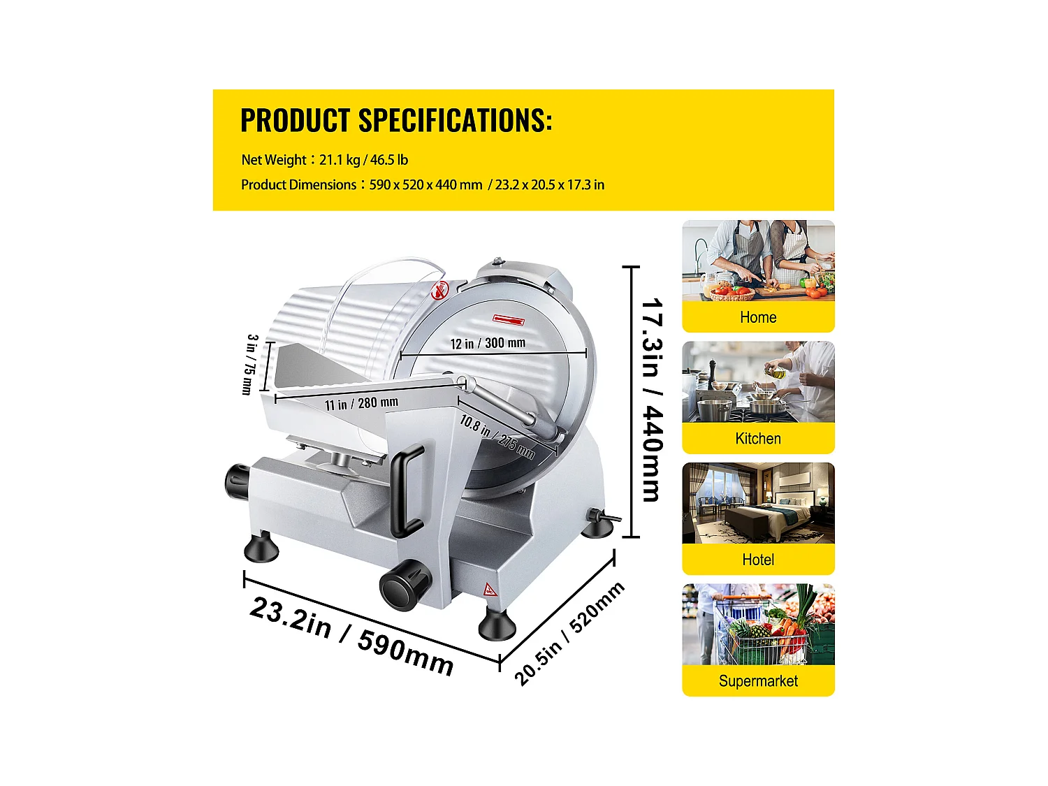 Trancheuse à Viande SucceBuy Électrique Commerciale 320 W, Lame de 30CM, Coupe-Charcuterie 350-400 tr/min