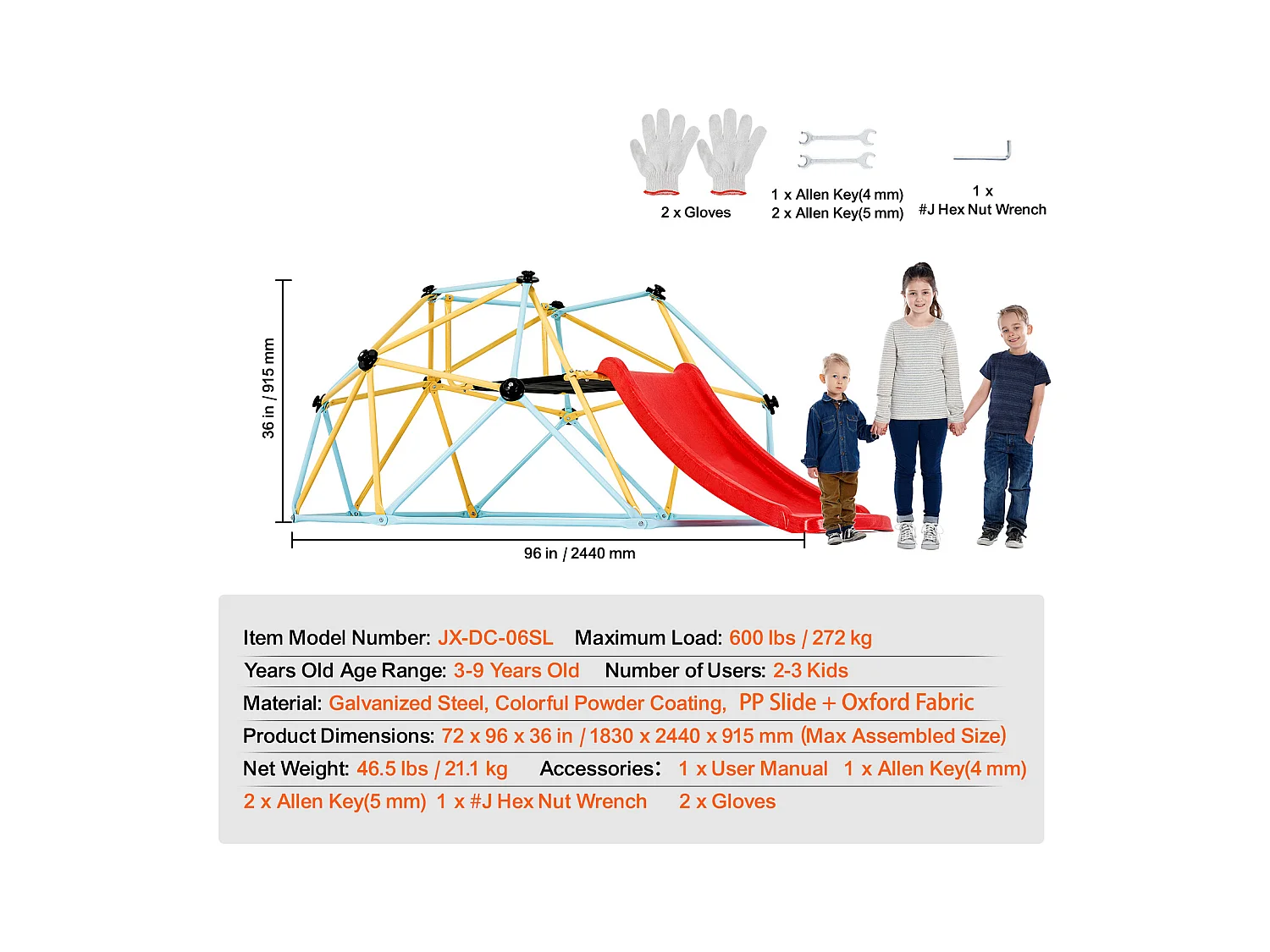 Dôme d'Escalade SucceBuy, 2,4 m avec Toboggan, Grimpeur à Dôme Géométrique, Salle de Jeux pour Enfants de 3 à 9 Ans