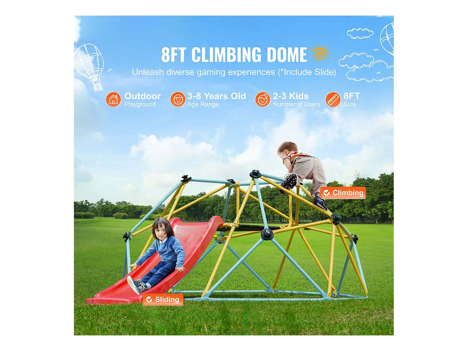 Dôme d'Escalade SucceBuy, 2,4 m avec Toboggan, Grimpeur à Dôme Géométrique, Salle de Jeux pour Enfants de 3 à 9 Ans