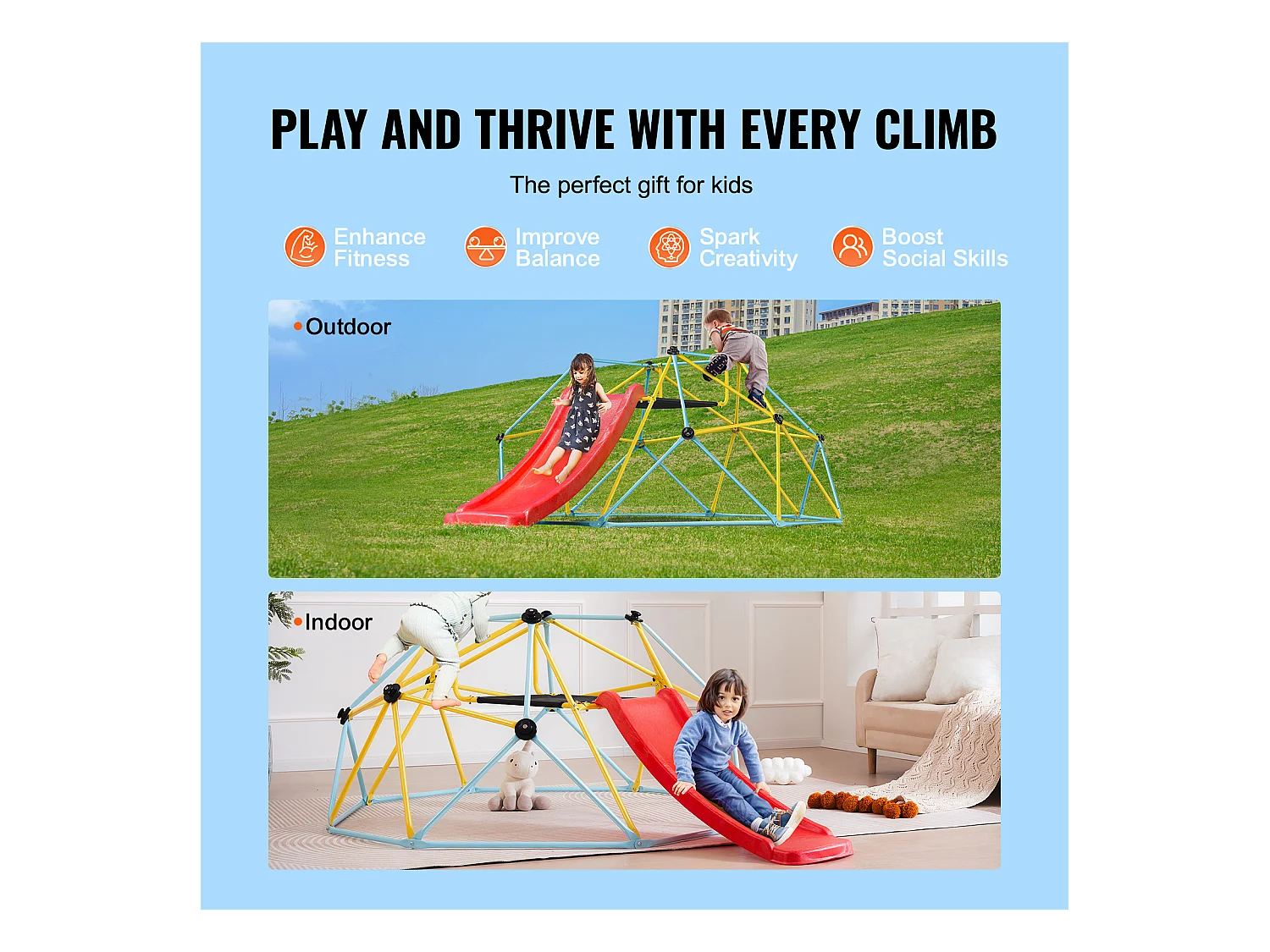 Dôme d'Escalade SucceBuy, 2,4 m avec Toboggan, Grimpeur à Dôme Géométrique, Salle de Jeux pour Enfants de 3 à 9 Ans