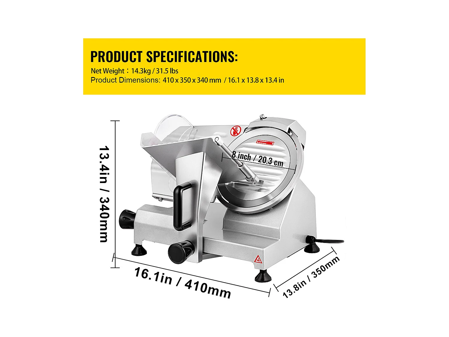 Trancheuse à Viande SucceBuy Électrique Commerciale 200 W, Lame de 20CM, Coupe-Charcuterie 350-400 tr/min