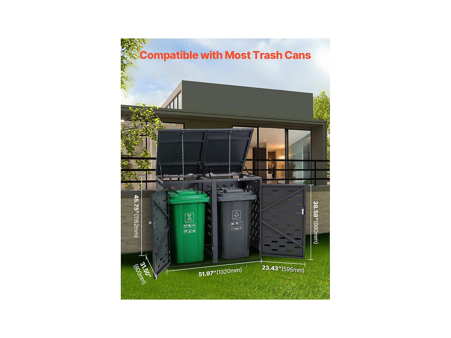 Abri de Rangement pour Poubelles SucceBuy, Cache Poubelle avec Couvercle à Chaîne 2 x 240 L