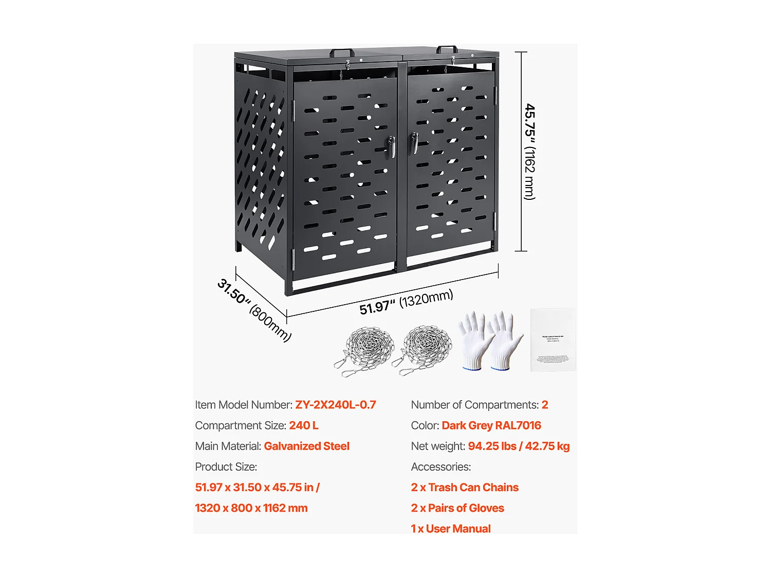 Abri de Rangement pour Poubelles SucceBuy, Cache Poubelle avec Couvercle à Chaîne 2 x 240 L