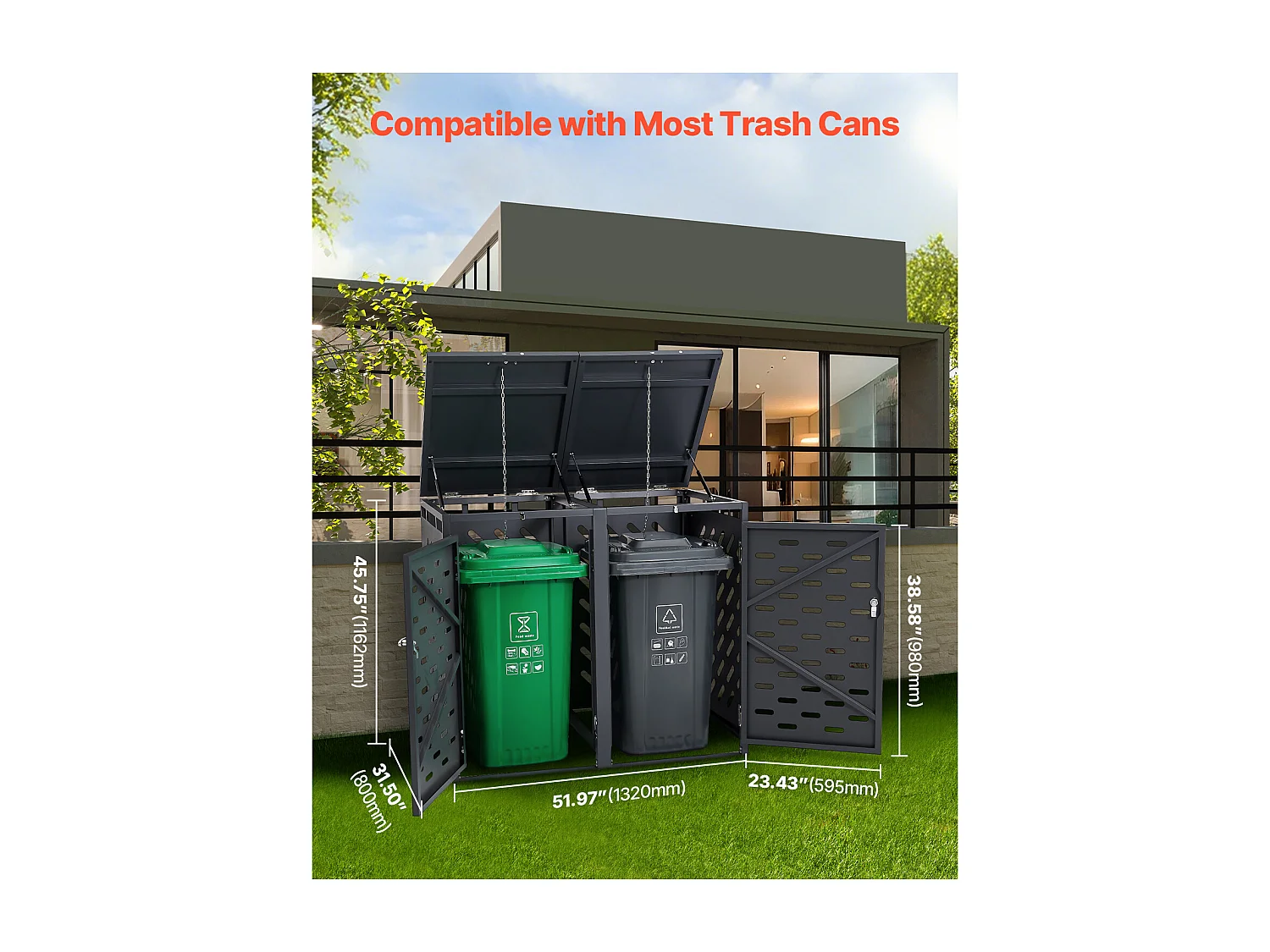 Abri de Rangement pour Poubelles SucceBuy, Cache Poubelle avec Couvercle à Chaîne 2 x 240 L
