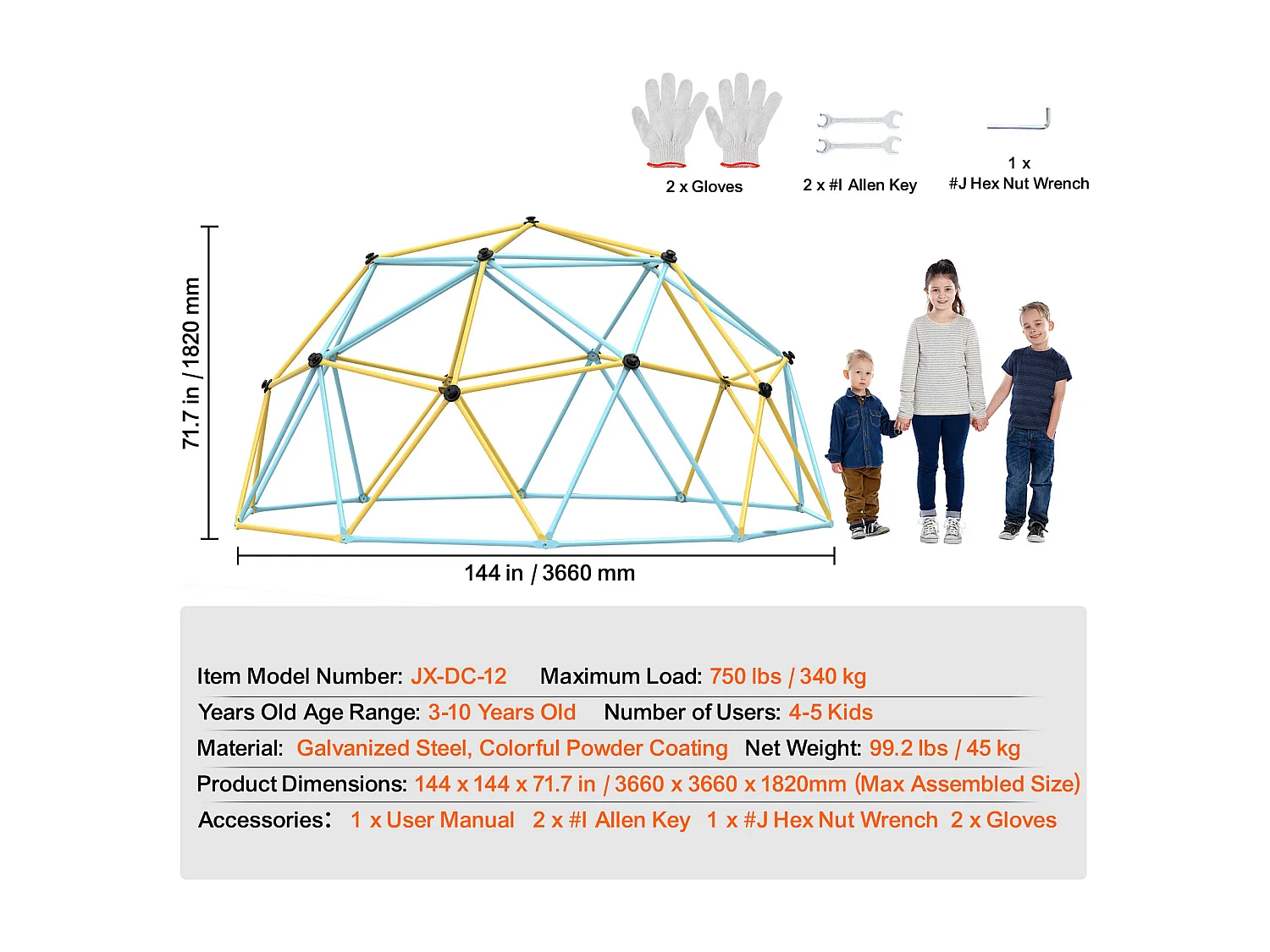 Dôme d'Escalade SucceBuy, 366 cm, Grimpeur à Dôme Géométrique, Salle de Jeux pour Enfants de 3 à 10 Ans