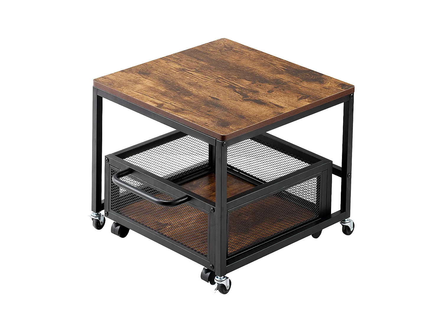 Table d'appoint avec Rangement SucceBuy, Support de Mini-Réfrigérateur avec Rangement, Capacité de 90 kg, Chariot et Roulettes Pivotantes, Marron Clair