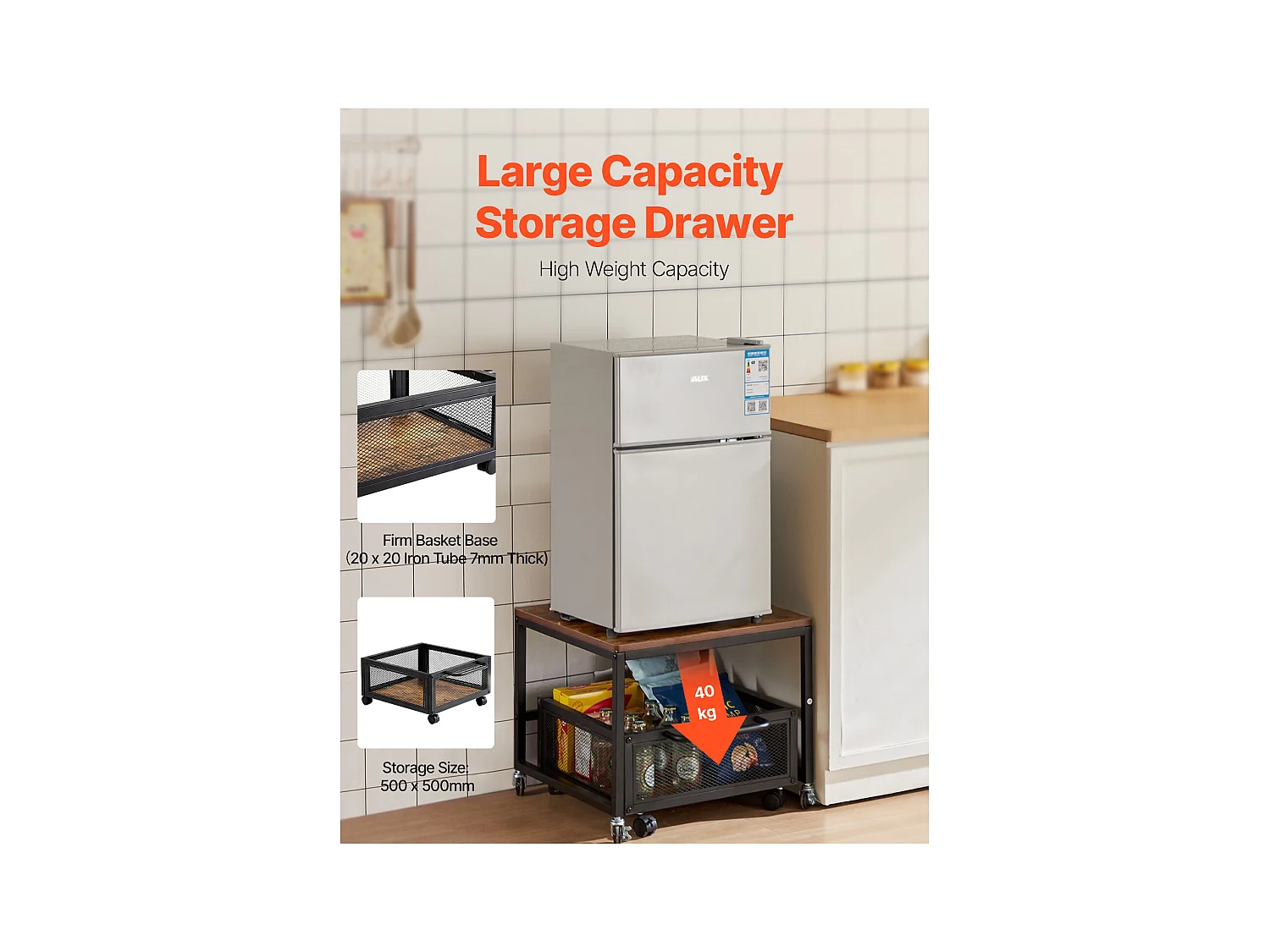 Table d'appoint avec Rangement SucceBuy, Support de Mini-Réfrigérateur avec Rangement, Capacité de 90 kg, Chariot et Roulettes Pivotantes, Marron Clair