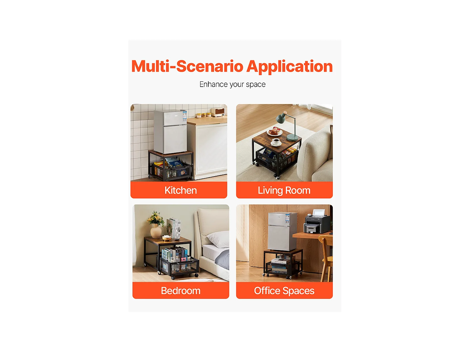 Table d'appoint avec Rangement SucceBuy, Support de Mini-Réfrigérateur avec Rangement, Capacité de 90 kg, Chariot et Roulettes Pivotantes, Marron Clair