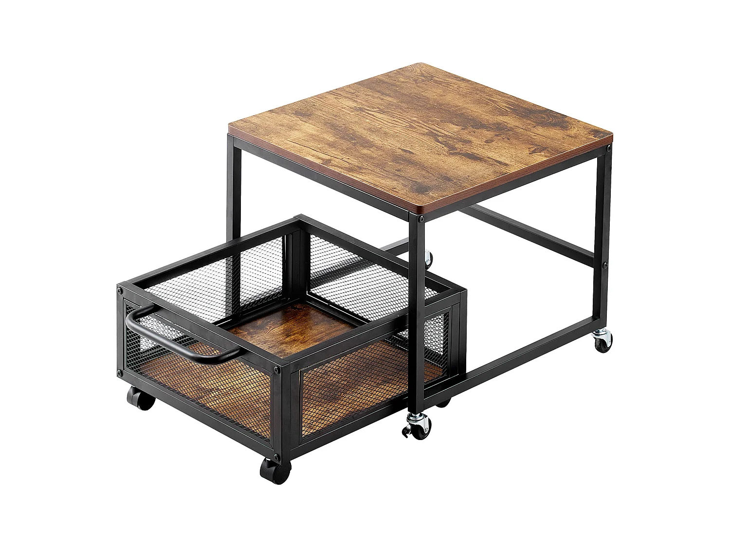 Table d'appoint avec Rangement SucceBuy, Support de Mini-Réfrigérateur avec Rangement, Capacité de 90 kg, Chariot et Roulettes Pivotantes, Marron Clair
