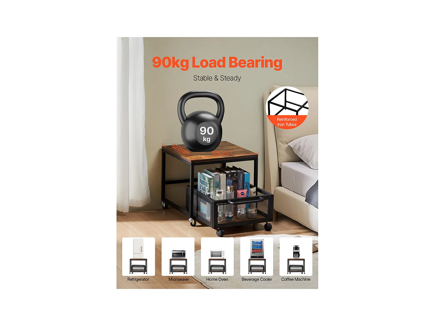 Mini-Koelkastdrager SucceBuy, met Opbergruimte, Draagvermogen 90 kg, Trolley en Zwenkwielen, Lichtbruin