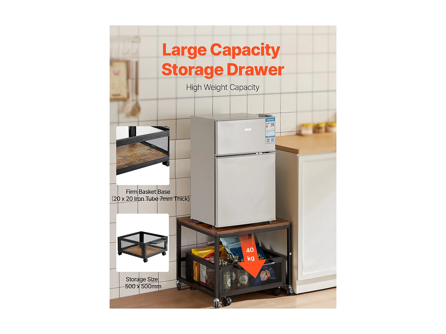 Supporto per Mini Frigorifero SucceBuy, con Ripiano, Capacità 90 kg, Carrello e Ruote Girevoli, Marrone Chiaro