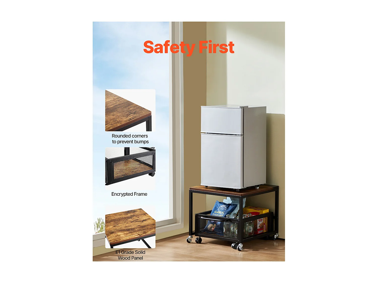 Supporto per Mini Frigorifero SucceBuy, con Ripiano, Capacità 90 kg, Carrello e Ruote Girevoli, Marrone Chiaro