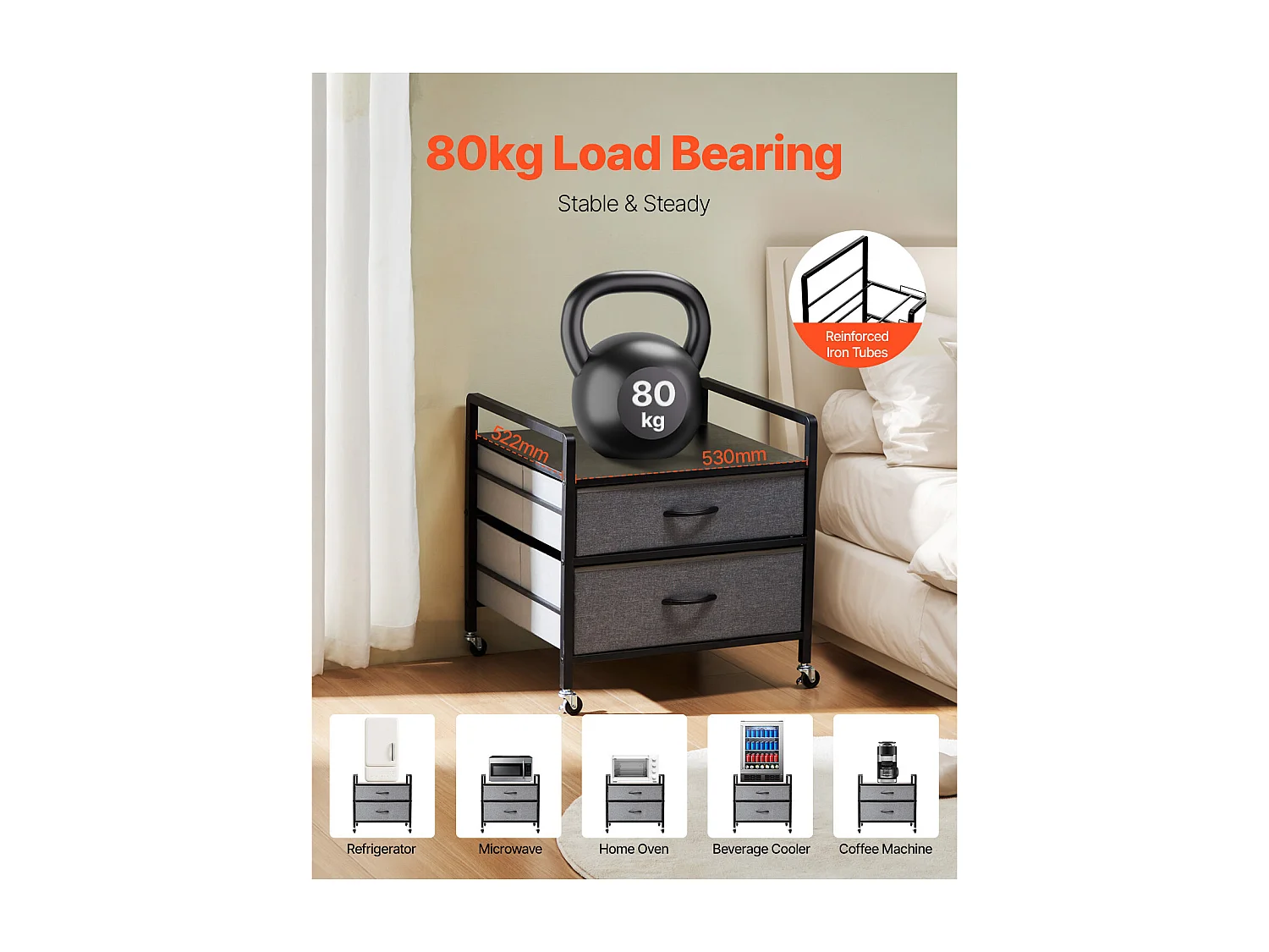 Stojak na Mini Lodówkę SucceBuy, z Miejscem do Przechowywania, Nośność 80 kg, Szary, Mini Stolik pod Lodówkę z 2 Szufladami