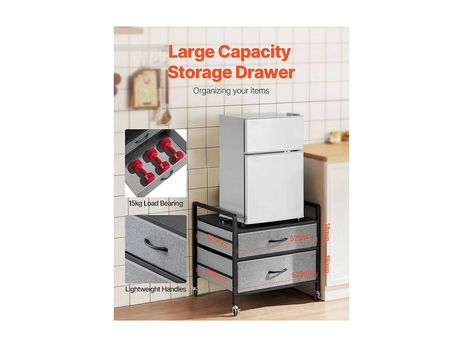 Stojak na Mini Lodówkę SucceBuy, z Miejscem do Przechowywania, Nośność 80 kg, Szary, Mini Stolik pod Lodówkę z 2 Szufladami