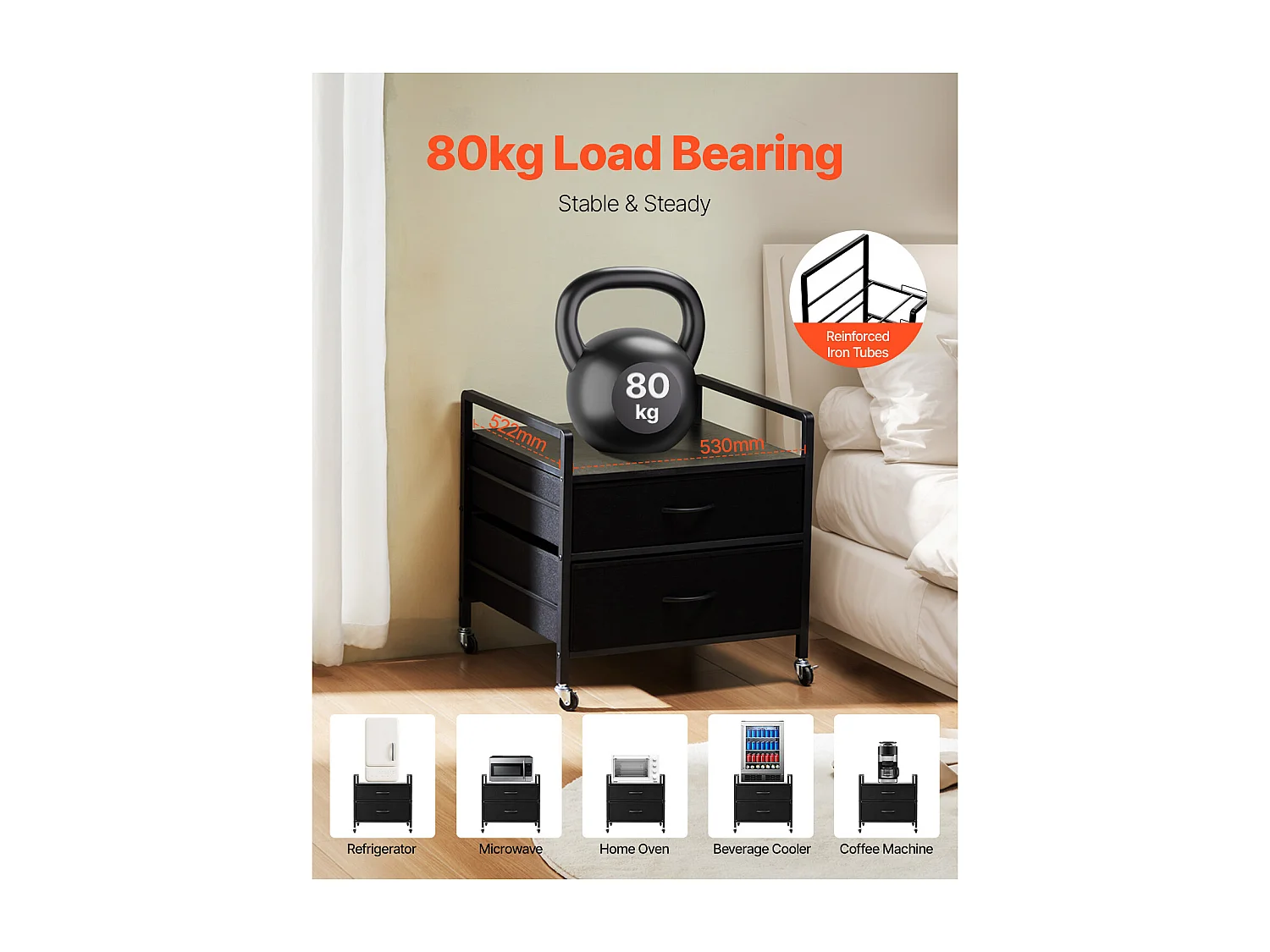 Table d'appoint avec Rangement, Support de Mini-Réfrigérateur SucceBuy,  Capacité de 80 kg, Noir, Mini Table de Réfrigérateur avec 2 Tiroirs