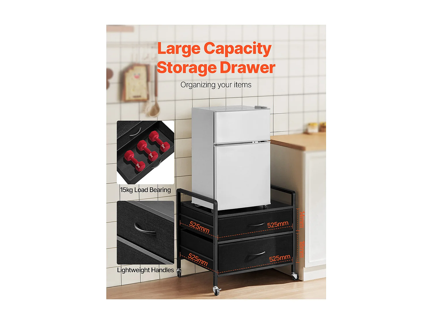 Table d'appoint avec Rangement, Support de Mini-Réfrigérateur SucceBuy,  Capacité de 80 kg, Noir, Mini Table de Réfrigérateur avec 2 Tiroirs