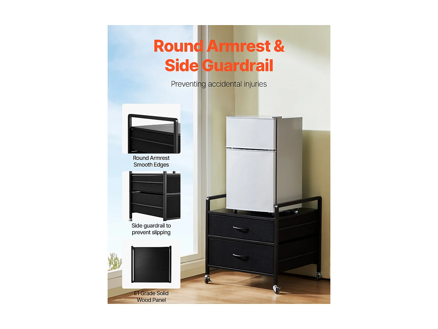 Table d'appoint avec Rangement, Support de Mini-Réfrigérateur SucceBuy,  Capacité de 80 kg, Noir, Mini Table de Réfrigérateur avec 2 Tiroirs