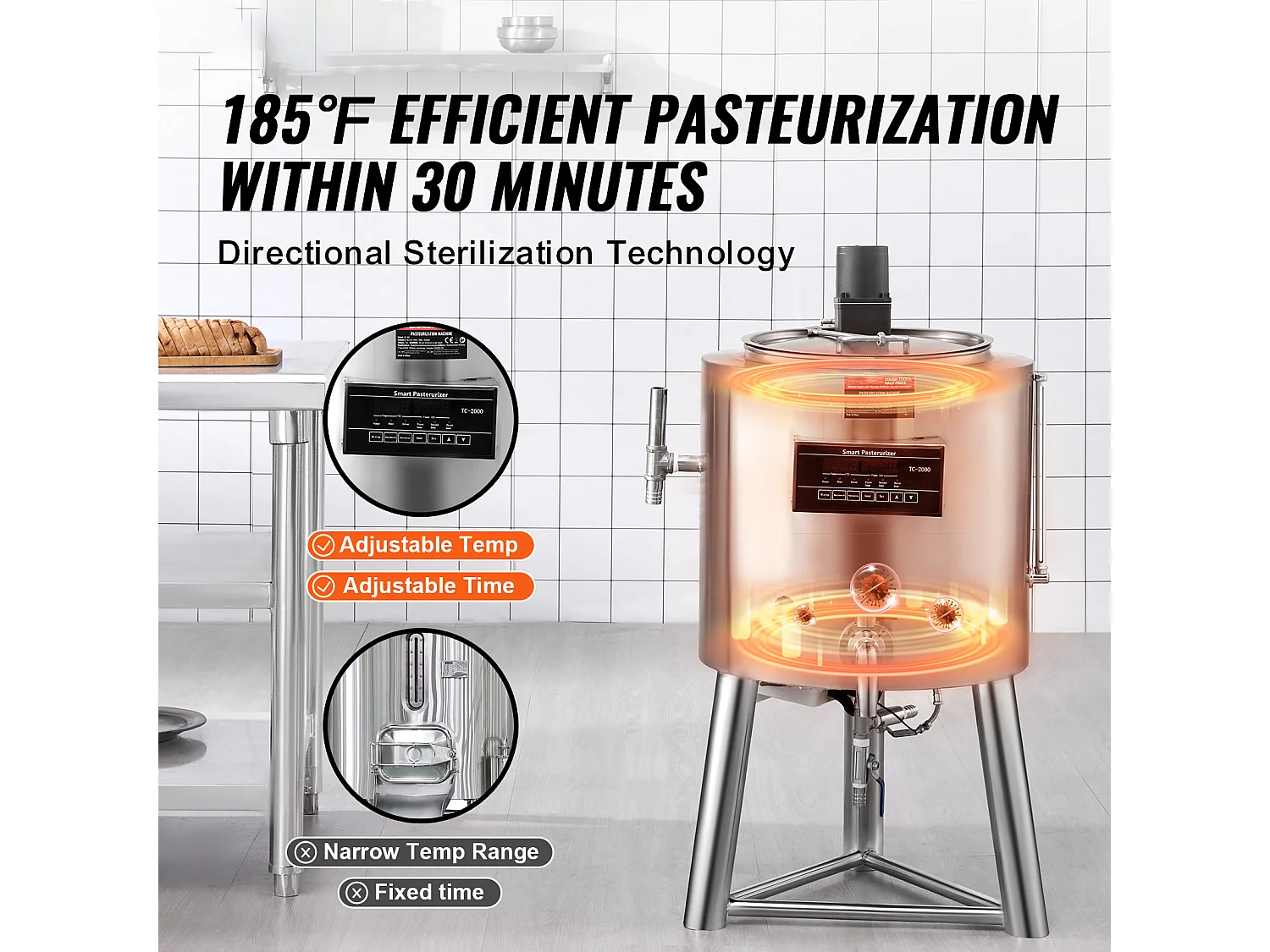 Machine de Pasteurisation du Lait Commerciale SucceBuy, 30L, pour la Stérilisation, Acier Inoxydable 304 de Qualité Alimentaire