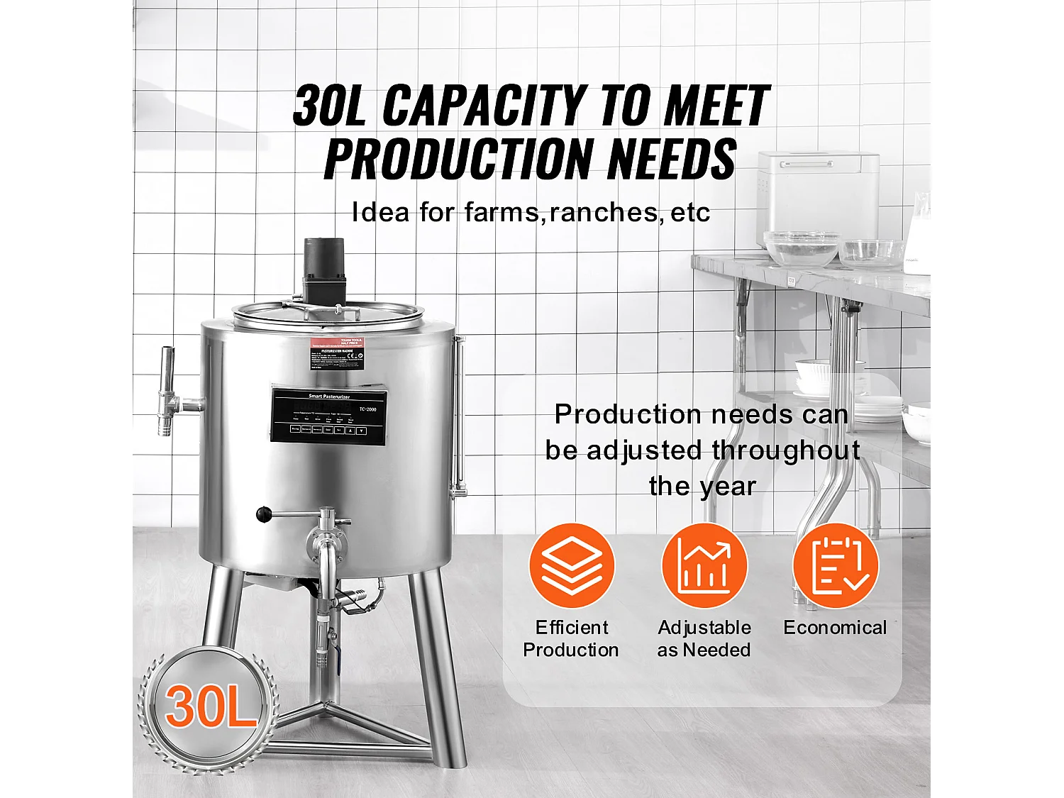 Machine de Pasteurisation du Lait Commerciale SucceBuy, 30L, pour la Stérilisation, Acier Inoxydable 304 de Qualité Alimentaire