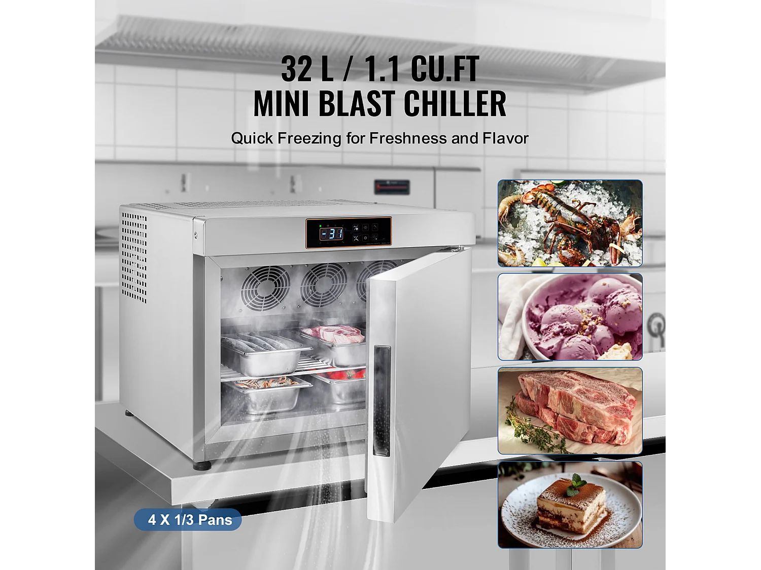 Congélateur Rapide Commercial SucceBuy, Refroidisseur Rapide à 4 Plateaux, 32 L, pour Fruits de mer et Crème Glacée