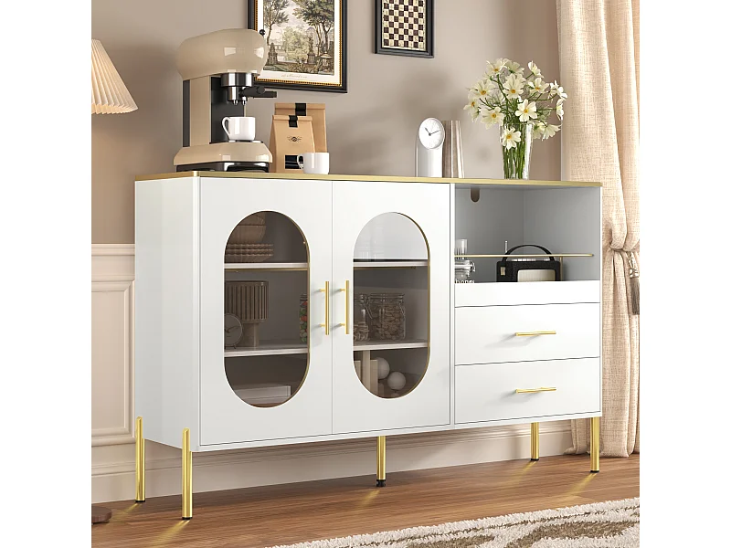 Buffet 140x38x90cm avec 2 portes en verre, 2 tiroirs et 1 niche, corps en blanc laqué avec les poignées et pieds en métal doré