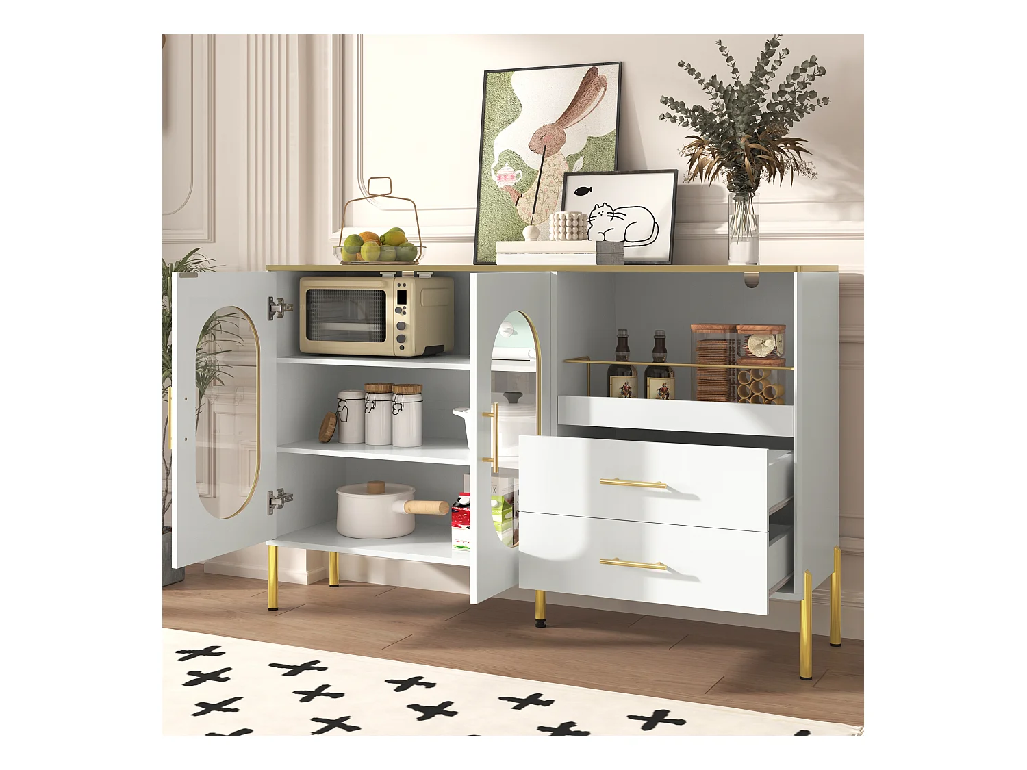 Dressoir 140x38x90cm met 2 glazen deuren, 2 laden en 1 nis, romp in witte lak met handgrepen en poten in goudkleurig metaal