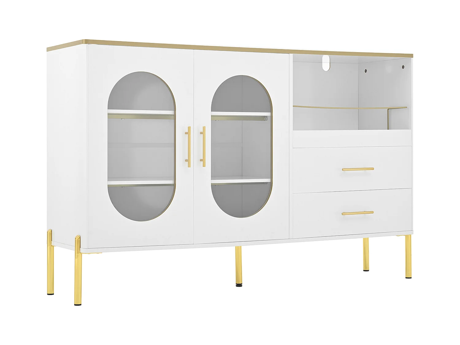Dressoir 140x38x90cm met 2 glazen deuren, 2 laden en 1 nis, romp in witte lak met handgrepen en poten in goudkleurig metaal