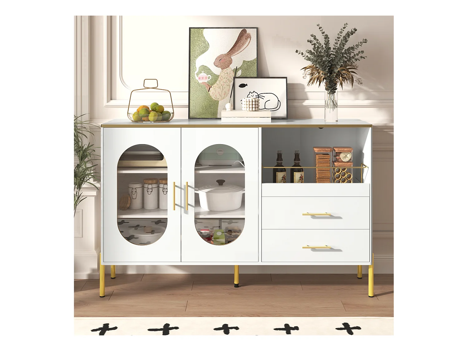 Dressoir 140x38x90cm met 2 glazen deuren, 2 laden en 1 nis, romp in witte lak met handgrepen en poten in goudkleurig metaal