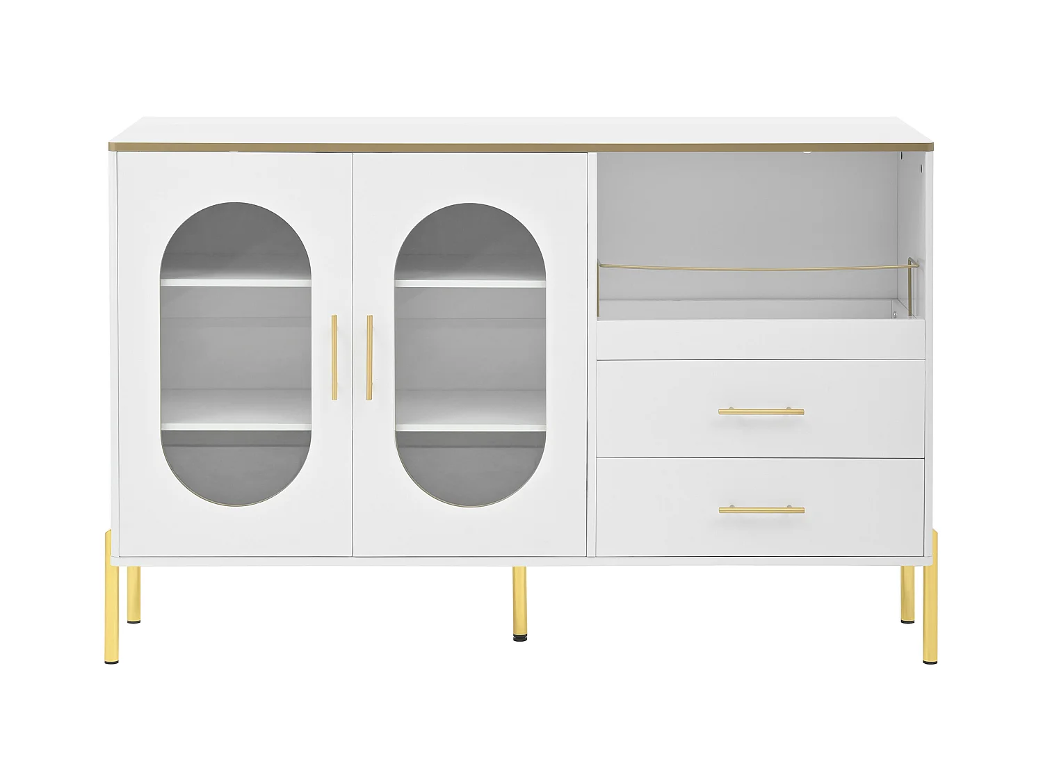 Dressoir 140x38x90cm met 2 glazen deuren, 2 laden en 1 nis, romp in witte lak met handgrepen en poten in goudkleurig metaal
