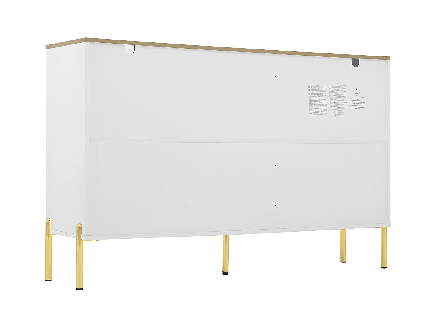 Dressoir 140x38x90cm met 2 glazen deuren, 2 laden en 1 nis, romp in witte lak met handgrepen en poten in goudkleurig metaal