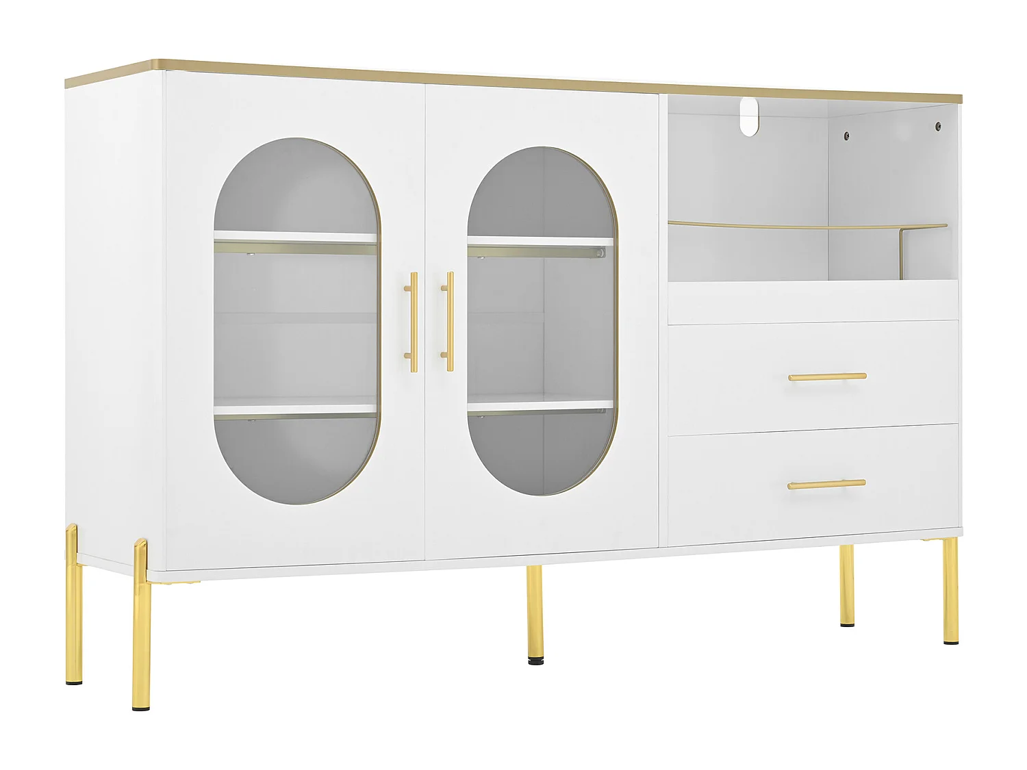 Aparador 140x38x90cm com 2 portas de vidro, 2 gavetas e 1 nicho, corpo em laca branca com puxadores e pés em metal dourado