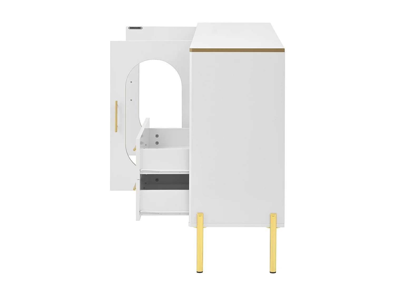 Aparador 140x38x90cm com 2 portas de vidro, 2 gavetas e 1 nicho, corpo em laca branca com puxadores e pés em metal dourado