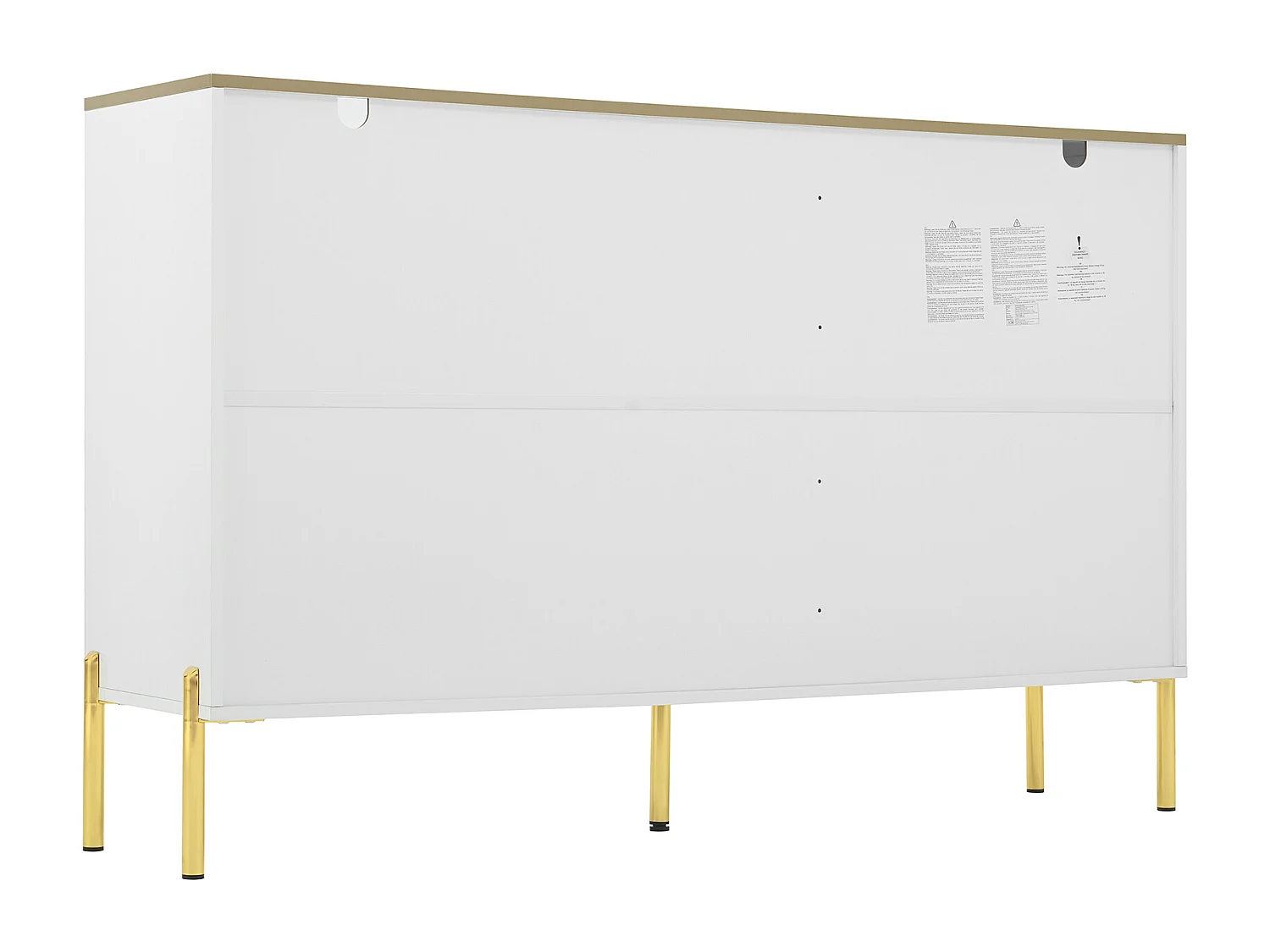 Aparador 140x38x90cm com 2 portas de vidro, 2 gavetas e 1 nicho, corpo em laca branca com puxadores e pés em metal dourado