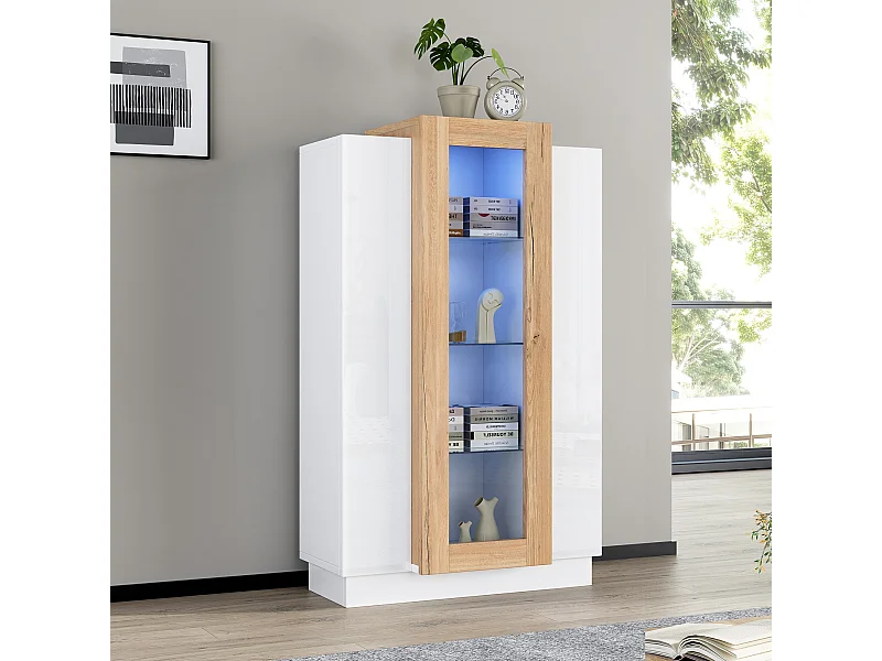 Vitrine blanc 74x40x120cm avec 3 portes dont 1 en acrylique, tablettes en verre, LED inclus