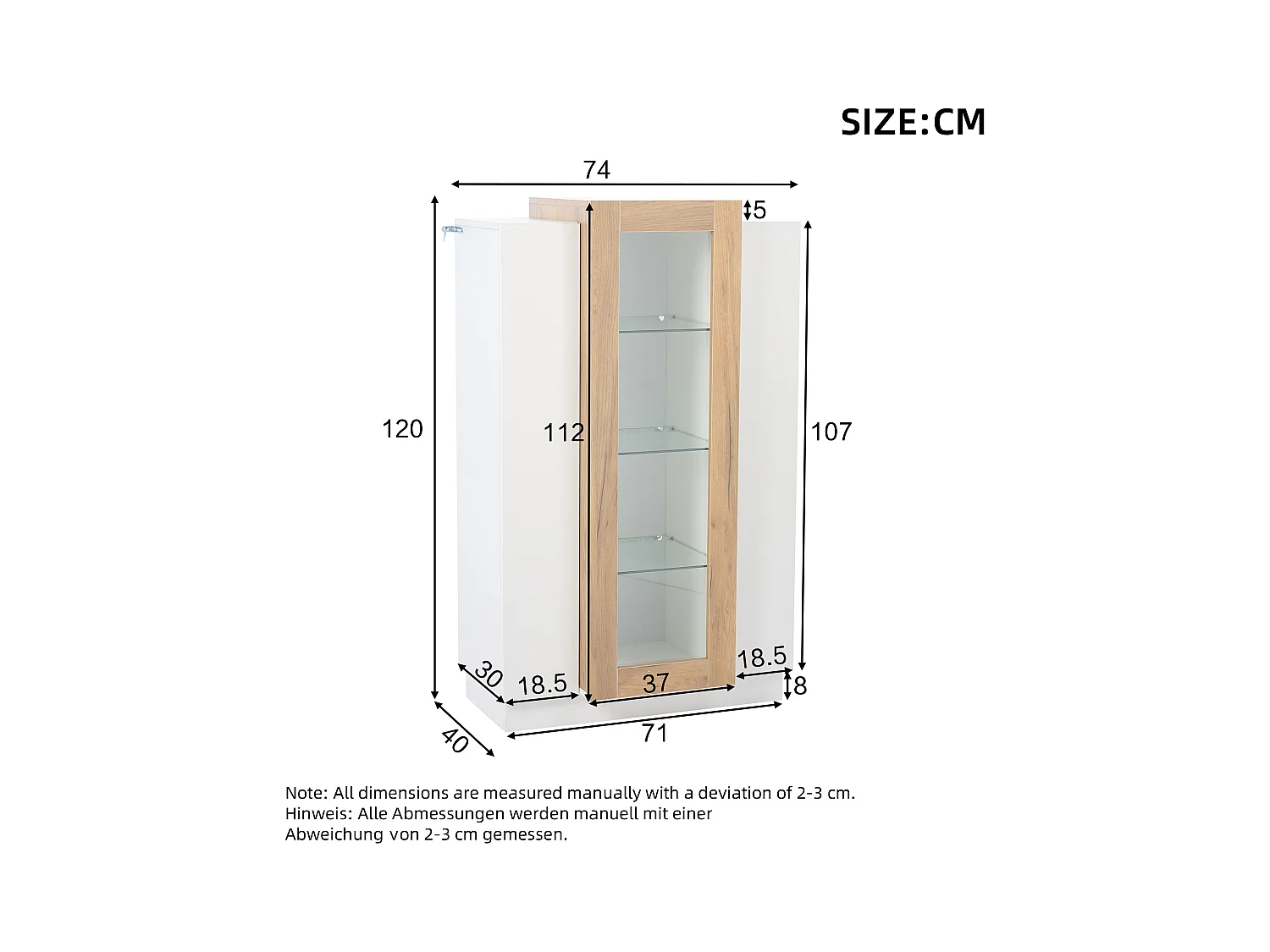 Vitrine blanc 74x40x120cm avec 3 portes dont 1 en acrylique, tablettes en verre, LED inclus